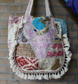 Banjari Indian Bohemian Hippy Tote Bag WHITE13 MULTICOLORED GOLD TURQUOISE PURPLE PINK, tassels and beads decorated