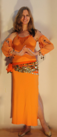 Baladi  / Saidi / Buikdans jurk ORANJE met GOUD met losse mouwtjes