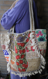 Banjari Indian Bohemian Hippy Bag WHITE11 GOLD FLUORESCENT ORANGE PEARL FLOWERS, tassels and beads decorated