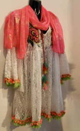 L XL- WHITE Lace blouse / tunic / short dress with MULTICOLOR flower applications, pon pon and fringe rimmed