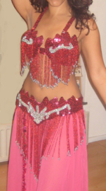 Fully sequinned 6-piece bellydance costume PINK SILVER, beaded fringe decorated size 36/38