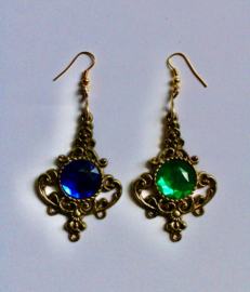 Lightweight curly earrings BRONZE GOLDEN, BLUE and GREEN artificial stones inlay