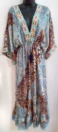 Zijden Boho hippie chic jurk AQUA  tinten, GROEN / BLAUW-achtig met MULTICOLOR spiegeltjes band versierd, patchwork panter tekening - one size fits 38, 40, 42, 44