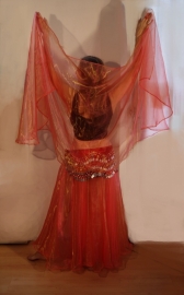 Extra Large + Extra Long, L XL XXL - Ballroom Bellydance skirt, Full circle skirt ORANGE-RED with GOLD GLOW