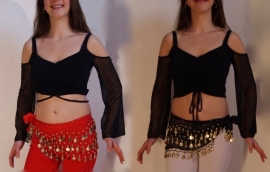 Stretch crop top oefentopje met verstelbare hoogte ZWART met transparante mouwtjes