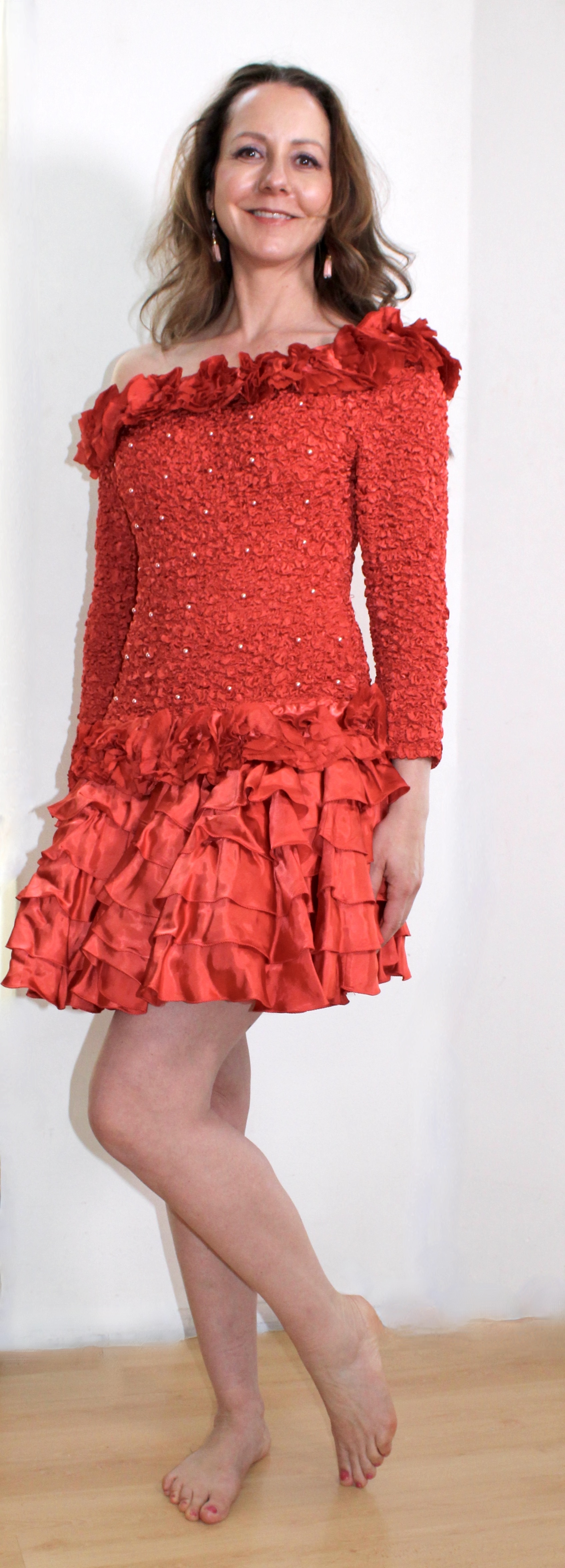 Coctail dress, party dress with fully elasticated top part and satin flounces skirt / lower part -  one size fits 38, 40 and 42