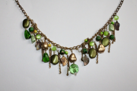 Boho hippie chique Springtime necklace, shades of GREEN on a GOLDEN chain