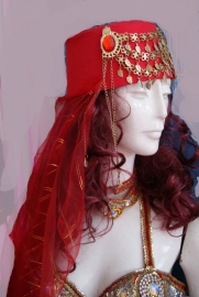 Ladies oriental head gear hat RED with GOLDEN jewel and veil - Casque et voile de tête princesse 1001 nuits ROUGE DORÉ pour dames