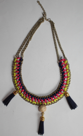 Necklace with tassels, beads, chains, ribbon PINK, NAVY BLUE, GOLD, IRIDISCENT YELLOW, OFF WHITE