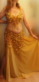 3-pce bellydance costume Oriental Princess gold with golden beaded fringe - L, XL, XXL -