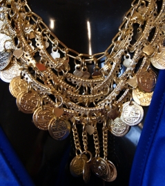 Golden metal necklace,  coins necklace, choker, decorated with little arcs and coins