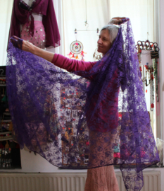 XL Extra Large 315cm x 125cm - Rectangular veil PURPLE lace, sheer, flowered - Voile dentelle fleurs mauve rectangulaire pour la danse orientale lace