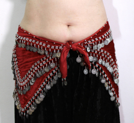 Fluwelen 5-punten Shakira muntjesgordel ROOD, versierd met ZILVEREN muntjes en kralen haakwerk - M, L, XL