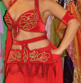 6-piece sophisticated Egyptian Bellydance costume RED GOLD, with waist band