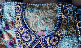 Patchwork Banjara Boho India hippie tas tote bag strandtas TURQUOISE5 GOUD BLAUW, bloemetjes, met kwastjes en kraaltjes