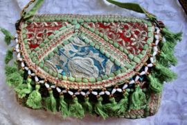 23 cm x 13 cm x 6 cm - One of a kind Bohemian hippy chic purse patchwork GREEN3 GOLD OLIVE RED DEEP PURPLE tassels