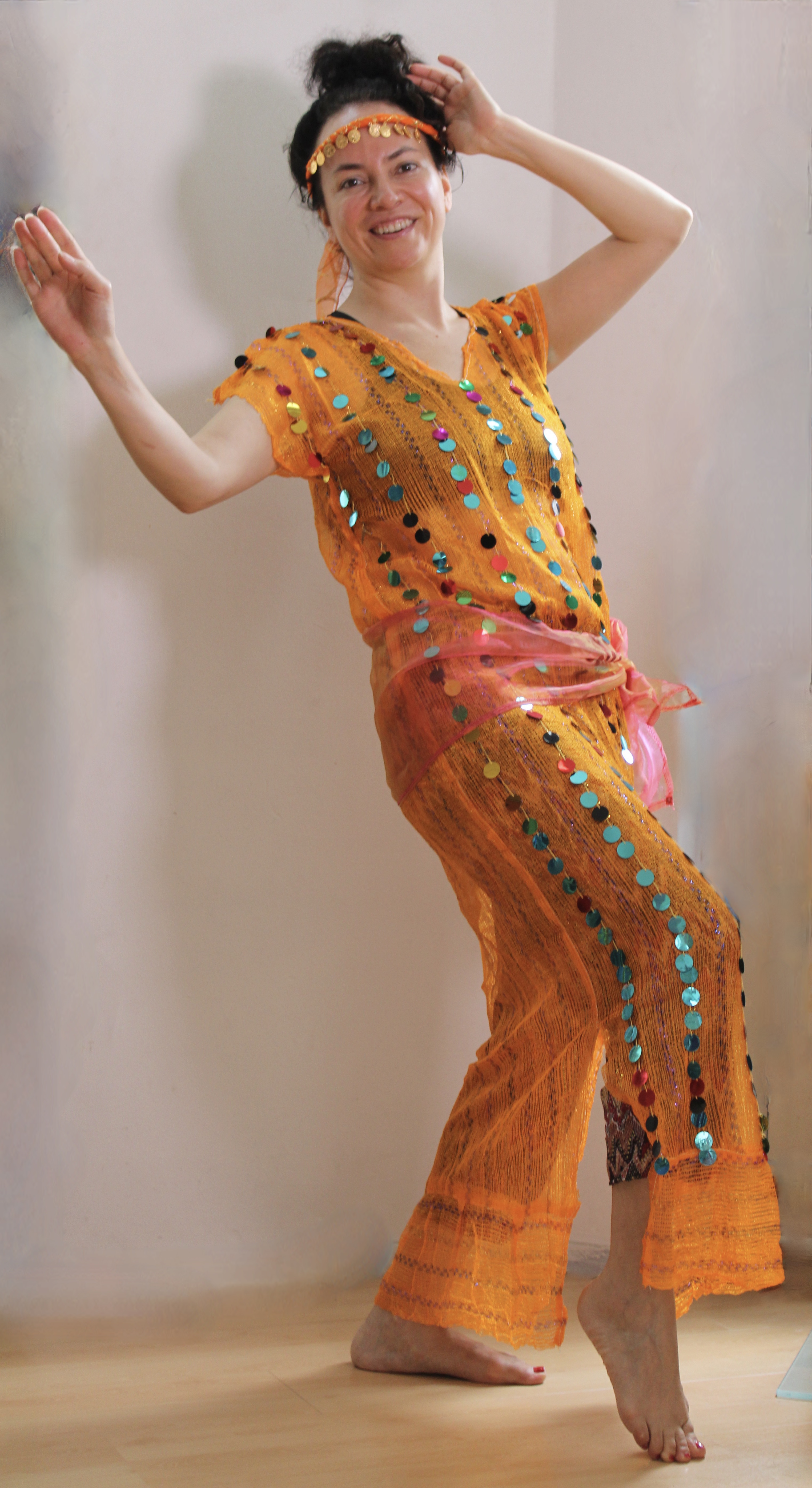 S/M , Large -3-piece Cleopatra set : transparent net dress orange-YELLOW + matching hip shawl + headband