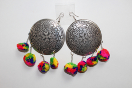 SILVER colored disc earrings,  MULTICOLORED pom pom​s hanging from chains