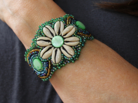Ibiza star bracelet nr1, fully beaded, shells and Cowry shells decorated AQUA GREEN GOLD TURQUOISE