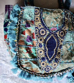 Patchwork Banjara Boho India hippie tas tote bag strandtas TURQUOISE5 GOUD BLAUW, bloemetjes, met kwastjes en kraaltjes