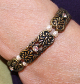 one size elastic - Fantasy bracelet BRONZE color, strass and pearl decorated