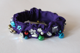 Glitter bracelet DARK PURPLE,  MULTICOLORED stones, beads and dangling bells decorated