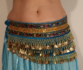 GS5g - TURQUOISE BLUE Velvet, GOLDEN coins hipbelt with multicolored stones - Ceinture de danse orientale dotée de perles multicolores et sequins dorés.