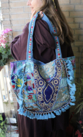 Patchwork Banjara Boho India hippie tas tote bag strandtas TURQUOISE5 GOUD BLAUW, bloemetjes, met kwastjes en kraaltjes