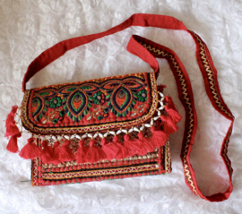 One of a kind  Bohemian hippy chick "purse" RED GOLD GREEN INDIGO,patchwork embroidery, tassels and beads decorated, Crossbody bag - 23 cm wide and 13 cm heigh X 6 cm deep