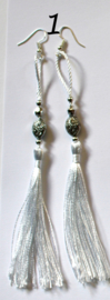 Tassel Earrings, WHITE, AQUA GREEN, GOLD, beads decorated - Boucles d'oreilles franges