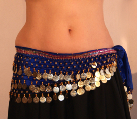 G54 - M/L  XL/XXL - Coinbelt for bellydancing, velvet crocheted decorated with beads, coins and glitter band ROYAL BLUE GOLD