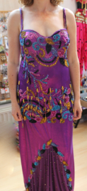 38/40 M/L - Baladi dress PURPLE stretch lycra, beaded fringe and sequins  TURQUOISE, GOLD, PINK decorated - Robe baladi VIOLETTE DORÉE NOIRE