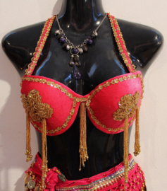 75-80 cup  C, D - FUCHSIA PINK velvet bra, GOLDEN sequin flowers and beaded fringe decorated