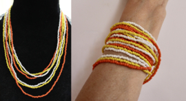 3 lange Happy Hippy halssnoeren / armbanden met kleine kraaltjes WIT GEEL ORANJE