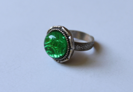one size adaptable - Ring SILVER plated with GREEN, round transparent stone