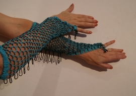 H5-1 - Crocheted knitted beaded gloves TURQUOISE BLUE, BLACK beads and fringe decorated