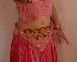 6-piece fully sequinned bellydance costume SOFT PINK with GOLDEN curly design