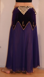 M Medium L Large - PURPLE Skirt with velvet hips and transparent chiffon leg part decorated with golden beads and sequins - Jupe de danse orientale velours / chiffon