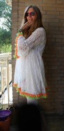 L XL- WHITE Lace blouse / tunic / short dress with MULTICOLOR flower applications, pon pon and fringe rimmed