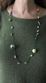 2-piece necklace set, one YELLOW, one GREEN: crocheted necklace with a variety of wooden beads, turquoise beads, shell, fish and a bell