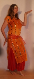 S/M , Large -3-piece Cleopatra set : transparent net dress orange-YELLOW + matching hip shawl + headband