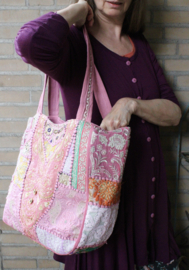 Lightweight, 3 zipper, Patchwork Banjari Indian Bohemian Hippy Bag, GOLD embroidered, flowers decorated in shades of PINK, YELLOW and BLUE