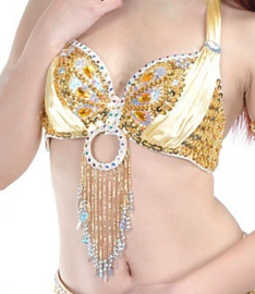 Size 34 / 36 -  fully sequinned and beaded bra YELLOW GOLD SILVER with ring and satin decoration - Soutien gorge CRÈME DORÉ ARGENTÉE