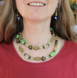 Long beaded necklace OLIVE shades of GREEN and COPPER-GOLD