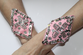 2 PINK satin armcuffs / bracelets, SILVER beads and sequins decorated