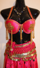 75-80 cup  C, D - FUCHSIA PINK velvet bra, GOLDEN sequin flowers and beaded fringe decorated