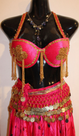 G54  - Coinbelt for bellydancing crocheted decorated with beads, coins and glitter band FUCHSIA BRIGHT PINK