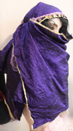 Setje 2-delig: LILA PAARS GOUDEN hoofdbandje + VIOLET PAARSE haremsluier, kindersluier, rechthoekig crincle sjaaltje, afgeboord met GOUDEN band 140 cm x 55 cm