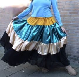 MULTICOLORED ruffled skirt SAFFRON YELLOW, TURQUOISE BLUE, GOLD and BLACK -fits sizes 40, 42, 44 and 46