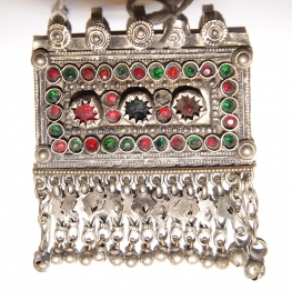 Vintage Pendant4 - Pendant rectangle with GREEN and RED glass stones inlay  + bells